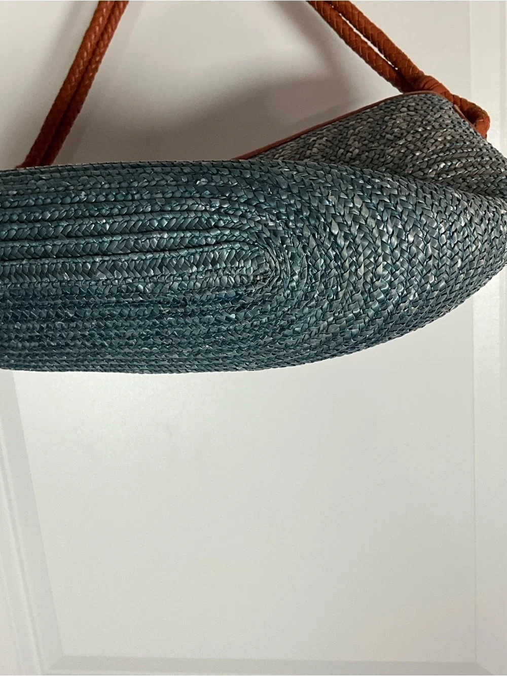 Cole Haan Blue/Gray Woven Straw Raffia Shoulder Bag with Brown Trim